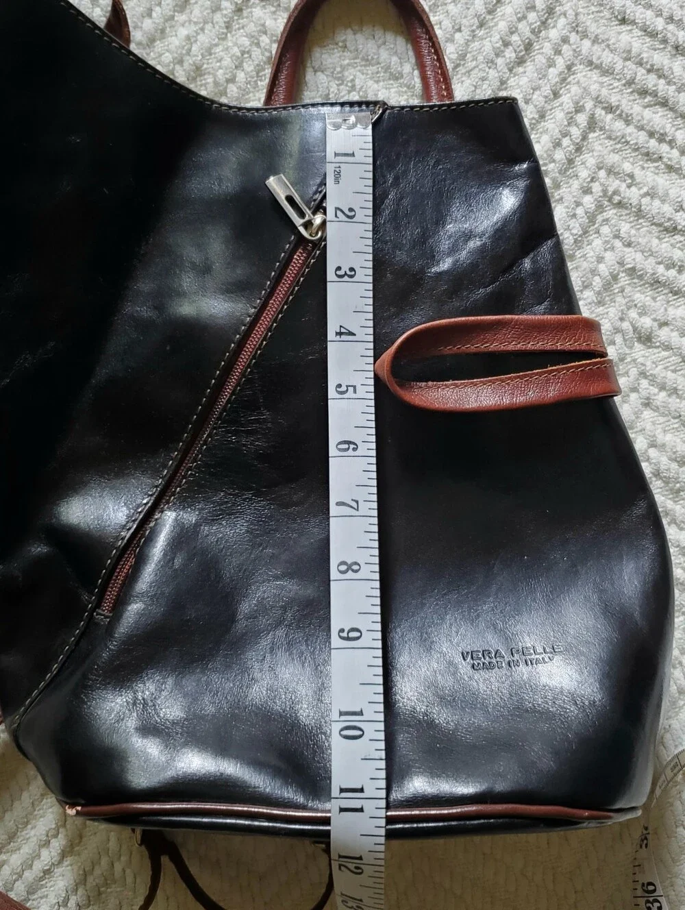Italian Leather Backpack Purse Fiorella Black Tan Asymmetrical Made In Italy